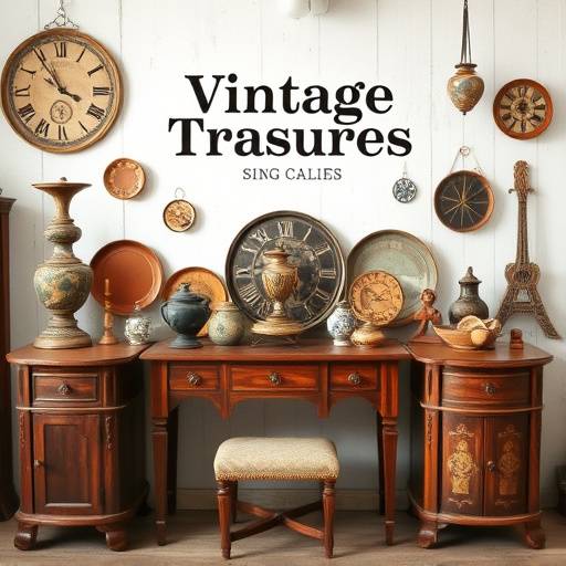 E-commerce website design for 'Vintage Treasures' antique shop, showcasing vintage furniture and collectibles in a clean and organized layout.