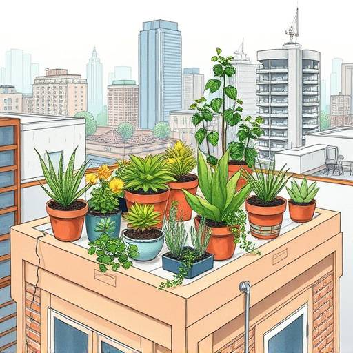 Editorial illustration for a magazine article about urban gardening, depicting a rooftop garden with various plants and vegetables.
