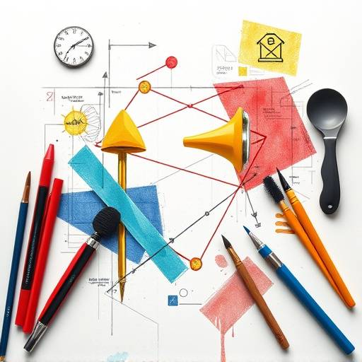 Image showing a variety of graphic design tools, including software interfaces, sketchbooks, and design elements.