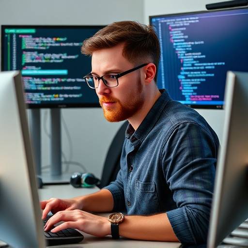 Photo of Daniel Evans, Web Developer, coding with multiple monitors.