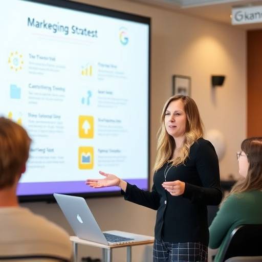 Photo of Emily Foster, Marketing Strategist, presenting a strategy plan.