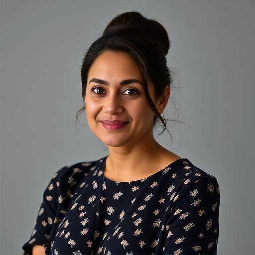 Portrait of Anya Sharma, Creative Director at Aurora Design Collective.