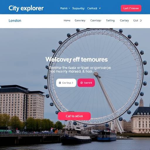 Screenshot of the homepage for 'City Explorer' travel agency website, featuring a large hero image of the London Eye and clear call-to-action buttons.